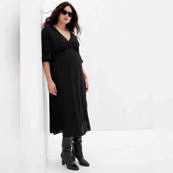 Brand New Gap Size Small Maternity Wrap Style V-Neck Black 100% Rayon Midi Dress - Picture 1 of 9
